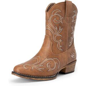 ⚡Women's Tan Faux Leather Cowboy Embroidered Stitched Chunky Heel Ankle Boots